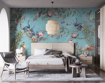 Blue Chinoiserie Wallpaper: Vintage Floral Peel and Stick Wall Mural