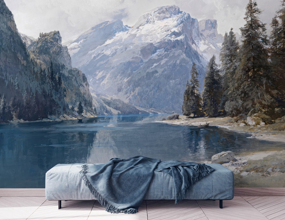 Mountain Lake Painting Wallpaper, Peel and Stick Wall Mural - Etsy