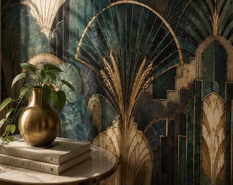 Art Deco Fan Wall Mural | Emerald Green Gold Gatsby Wallpaper Peel and Stick (Custom Size)