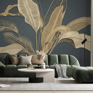 Tropical Gold Leaf Wallpaper, Peel and Stick Banana Leaves Wall Mural, 3D Big Leaves Nature Art Self Adhesive Removable Wallpaper