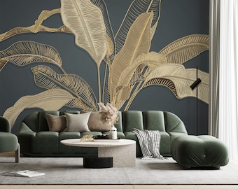 Tropical Gold Leaf Wallpaper, Peel and Stick Banana Leaves Wall Mural, 3D Big Leaves Nature Art Self Adhesive Removable Wallpaper