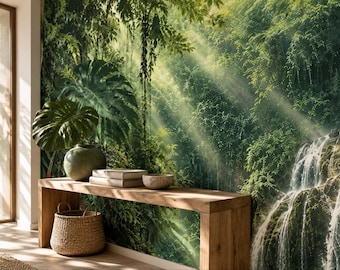 Tropical Jungle Waterfall Wall Mural | Green Rainforest Lagoon Wallpaper | Living Room Bathroom Spa Decor