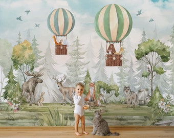 Watercolor Forest Animals Wallpaper, Hot Air Balloons, Peel and Stick Mural