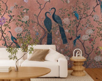Chinoiserie Peacock Wallpaper, Botanical Floral, Pink Background (Customizable)