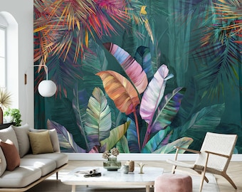 Tropische planten behang, schil en plak bosbladeren muur muurschildering, exotische zelfklevend verwijderbaar behang