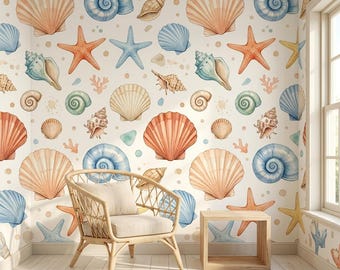 Watercolor Seashell Wallpaper Peel and Stick | Coastal Beach House Print | Nautical Bathroom Accent Wall