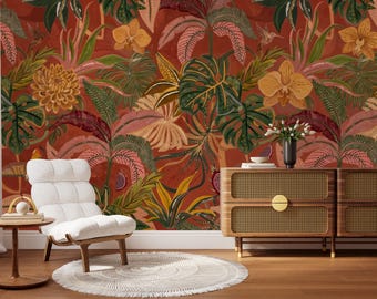 Tropical Botanical Wallpaper, Exotic Leaf Mural, Terracotta Jungle Decor