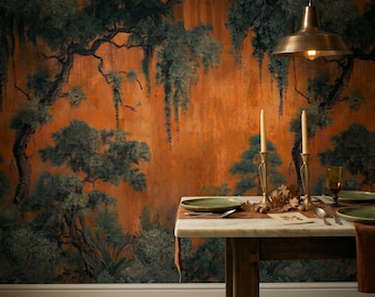 Dark Forest Wallpaper, Moody Botanical Wall Mural, Vintage Woodland Wallpaper, Dramatic Nature Interior Decor