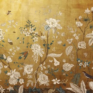 Vintage Chinoiserie Peel and Stick Wallpaper with Birds, Gold Vintage Chinoiserie Botanical Wallpaper Mural, Wallpaper With Birds and Flower