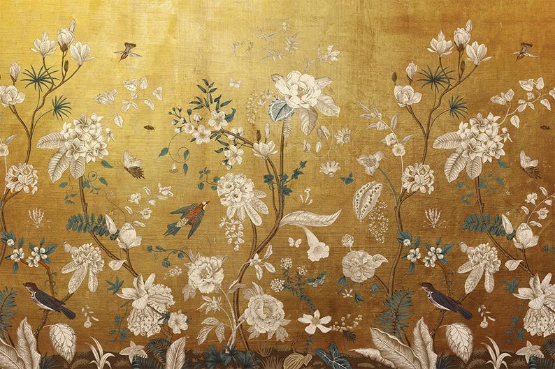 Vintage Chinoiserie Peel and Stick Wallpaper with Birds, Gold Vintage Chinoiserie Botanical Wallpaper Mural, Wallpaper With Birds and Flower