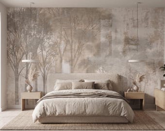 SepiaNeutral Abstract Wallpaper, Beige Textured Wall Mural, Misty Forest Wallpaper, Modern Organic Interior Decor