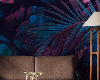 Papel pintado autoadhesivo con hojas tropicales, mural botánico neón