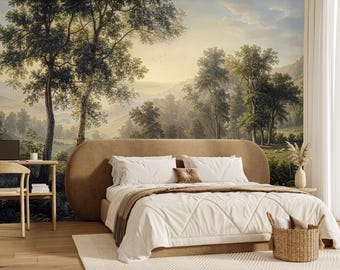 Misty Mountain Forest Wallpaper, Countryside Nature Mural, Serene Landscape Decor