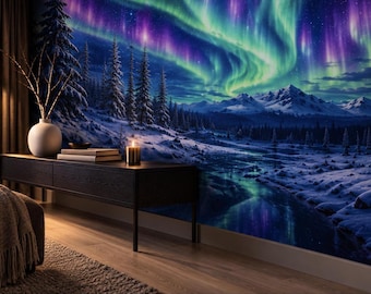 Northern Lights Aurora Wall Mural | Snowy Pine Forest Bedroom Decor