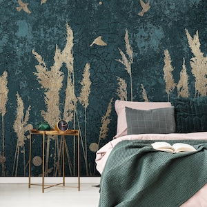 Carta da parati con motivo floreale oro e uccelli, decorazione murale con spruzzi d'oro a buccia e bastone, carta da parati rimovibile autoadesiva di lusso