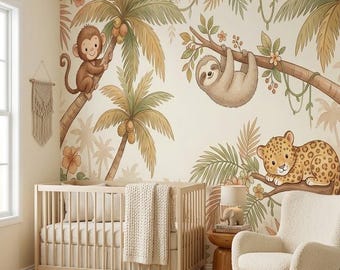 Watercolor Safari Jungle Animals Nursery Mural (Removable Peel and Stick)