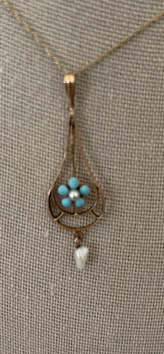 Antique 10kt gold lariat necklace flower turquoise