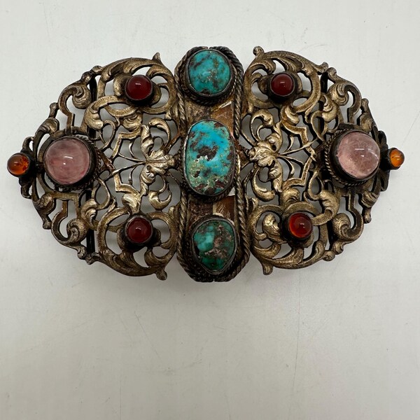 Vintage 1970’s rustic gold tone embellished amber, turquoise and rose quartz gemstone belt buckle