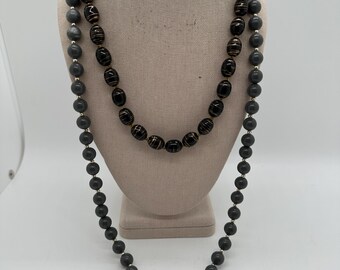 Vintage black and gold tone and long grey beaded necklace set of (2)