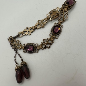 Vintage gold tone purple rhinestone crystal ornate royal style adjustable chain bracelet