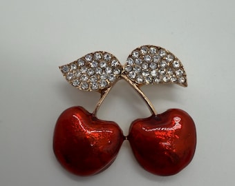 Vintage style gold tone red enamel rhinestone cherry brooch