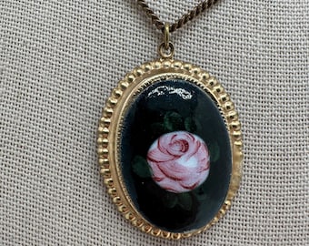 Vintage gold tone and hand painted enamel pendant necklace