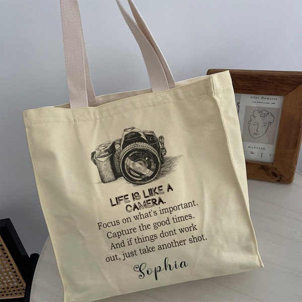 Customized Name Tote Bag｜"Life Is Like A Camera" bag｜Name Canvas Tote｜Personalised Name Shoulder Bag｜Custom Artistic bag｜Anniversary Gift