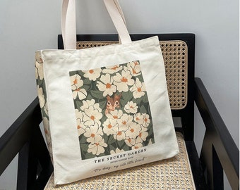 Floral Canvas Tote Bag: Secret Garden Design, Zippered Pocket