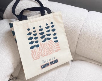 HAPPY Place Tote Bag｜Bolsa de compras reutilizable ｜Bolsa de pintura artística con cremallera ｜Bolsa de vida para maestros｜Bolsa de mano estética｜ Bolsa de mano con cremallera