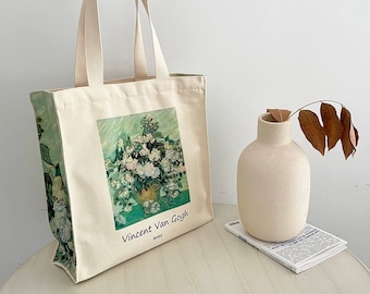 Van Gogh White Rose Painting Tote Bag: Floral Canvas Reusable Bag