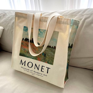 Monet Landscape Painting Art Tote bag｜Scenery Art Aesthetic Tote Bag｜Modern Art Zipper Shopping Bag｜Reusable Canvas Women Shoulder Tote bags