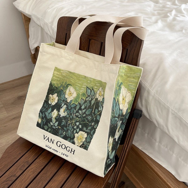 Wild Rose Tote bag｜Van Gogh Tote Bag｜Floral Aesthetic Bag｜Green Tote Bag｜Canvas Bag｜Vincent Art Tote Bag｜Flower Bridesmaid bags｜Reusable bag
