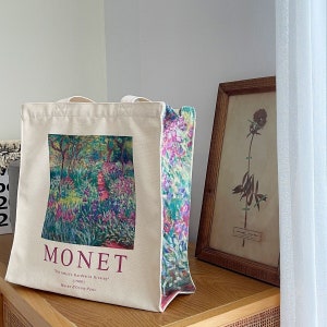 Painting Art Tote bag｜Monet Tote Bag｜Floral Aesthetic Grocery Bag｜Tote Bag With Zipper and Pocket｜Canvas Bag｜Shoulder Bag｜Reusable bag