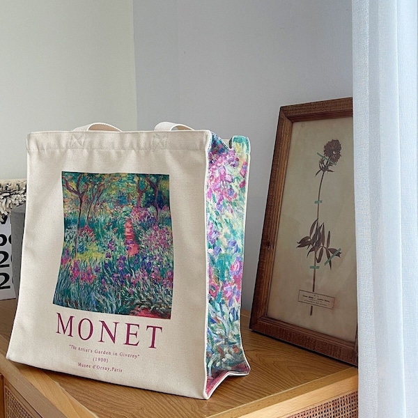 Painting Art Tote bag｜Monet Tote Bag｜Floral Aesthetic Grocery Bag｜Tote Bag With Zipper and Pocket｜Canvas Bag｜Shoulder Bag｜Reusable bag