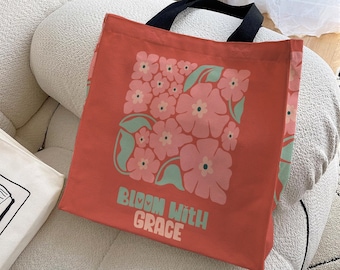 BLOOM WITH GRACE｜Artistic Canvas Bag｜ Floral Tote Bag｜Teachers Tote bag