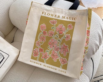 Flower Magic Tote Bag｜Reusable Shopping Bag｜ Paint Art Bag with Zipper ｜Teacher Life Bag｜Canvas Bag｜Floral Aesthetic Grocery Bag