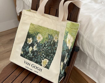 Wild Rose Tote bag｜Van Gogh Tote Bag｜Floral Aesthetic Bag｜Green Tote Bag｜Canvas Bag｜Vincent Art Tote Bag｜Flower Bridesmaid bags｜Reusable bag