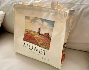 Monet Tulip Fields Canvas Tote Bag, Reusable Art Bag