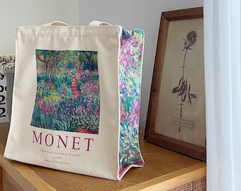 Tote tas voor schilderkunst｜Monet draagtas｜Bloemen-esthetische boodschappentas｜Tote tas met rits en zak｜Canvas tas｜Schoudertas｜Herbruikbare tas