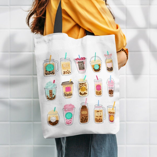 Bubble Tea Tote Bag｜Polyester Beach bag With Pocket｜Cute Milk Tea Shopping bag｜Best Friends gift｜Lovely Student Gift｜Reusable Tote Bag