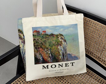 Monet Oil Canvas Bag｜Cliff at Dieppe Tote Bag｜High Quality Printed Handbag｜Shoulder Bag With Pocket｜Artistic Bag｜Anniversary Gift