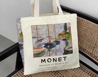 Monet Art Tote Bag: Sailboats on the Seine, Canvas Shopping Bag