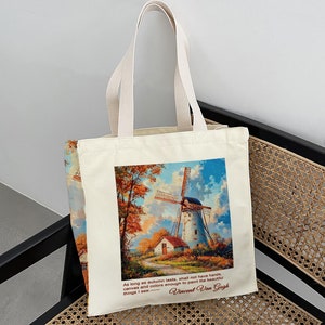 Sac fourre-tout d'art esthétique inspiré de Van Gogh, moulin à vent, paysages d'automne, sacs en toile avec fermeture éclair et poche intérieure, cadeau pour maman