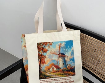 Van Gogh Windmill Tote Bag: Fall Landscape Canvas with Zipper