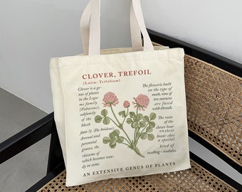 Clover Flower Tote Bag｜Plant Printed Art Canvas Bag｜Trefoil Handbag｜Reusable Grocery Bag｜Large Capacity Tote Bag｜Anniversary Gift For Her