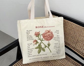 Rose Hohe Kapazität Canvas Tasche｜Vintage Style Plant Tote Bag｜Red Rose Wiederverwendbare Handtasche｜Wochenend-Einkaufstasche｜Jubiläumsgeschenk