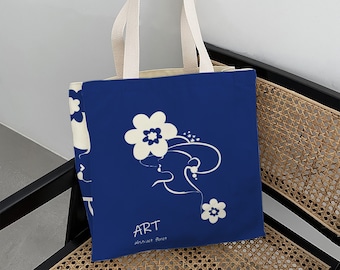 Floral Canvas Tote Bag, Klein Blue Art Print, Zippered Pocket