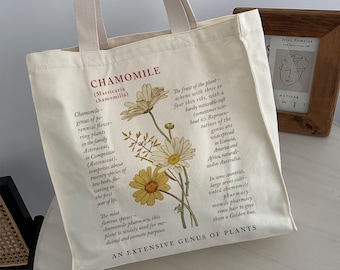 Chamomile Floral Canvas Tote Bag: Zippered Reusable Handbag