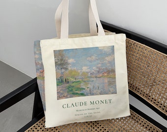 Primavera junto al Sena, 1875｜Monet Vintage Tote Bag｜Riverside Stroll Canvas Bag｜Bolsa de hombro con cremallera｜Bolsa reutilizable｜Regalo de San Valentín