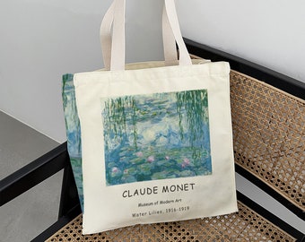 Monet Water Lilies Art Tote Bag: 16oz Canvas Shoulder Bag
